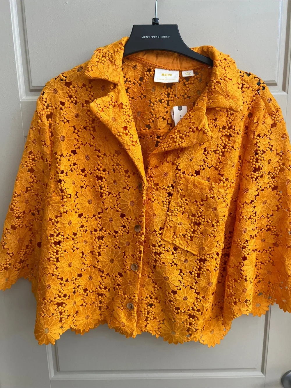 Anthropologie new Maeve Floral Lace Button down short sleeve shirt L boho resor